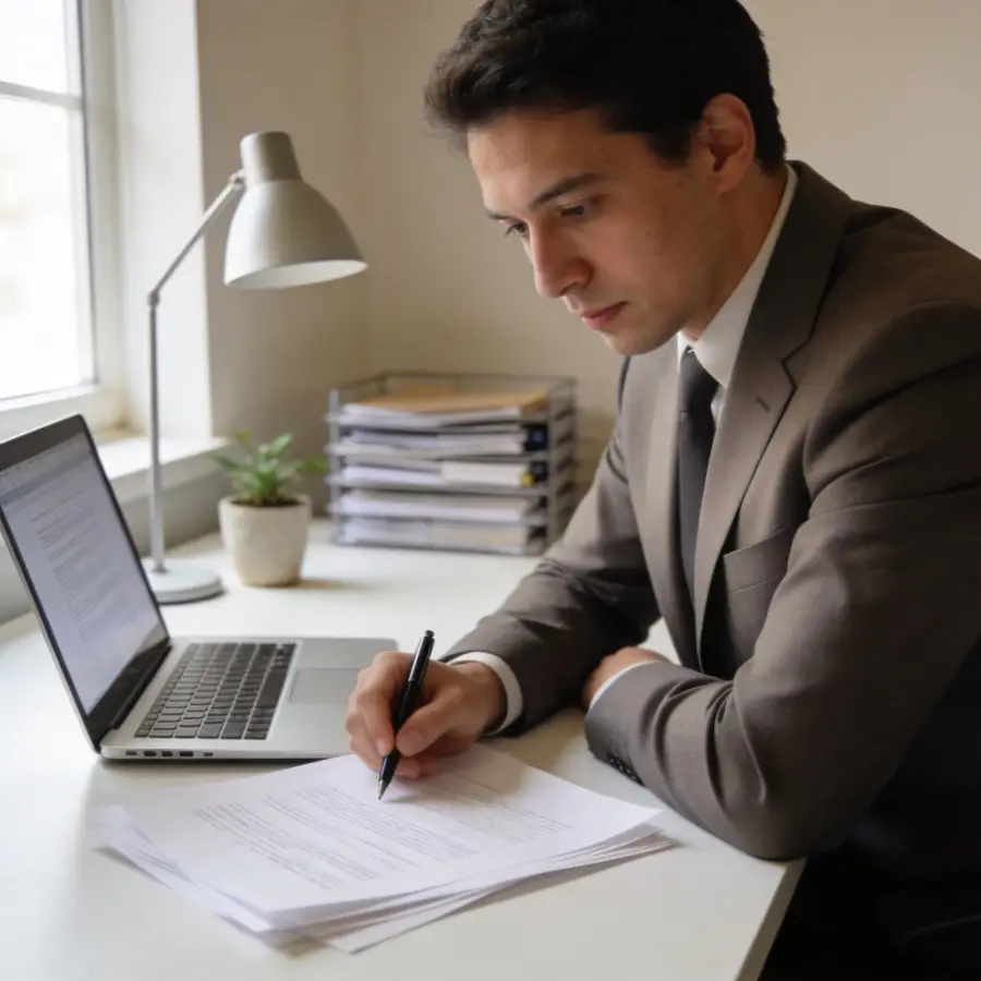 Professional in a suit reviewing bridging loan documents at a desk with a laptop