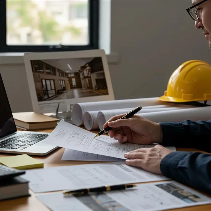 property developer reviewing architectural plans for bridging loan refurbishment project