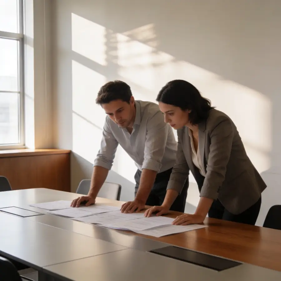 Two professionals reviewing bridging loan documents together at a meeting table in a bright office