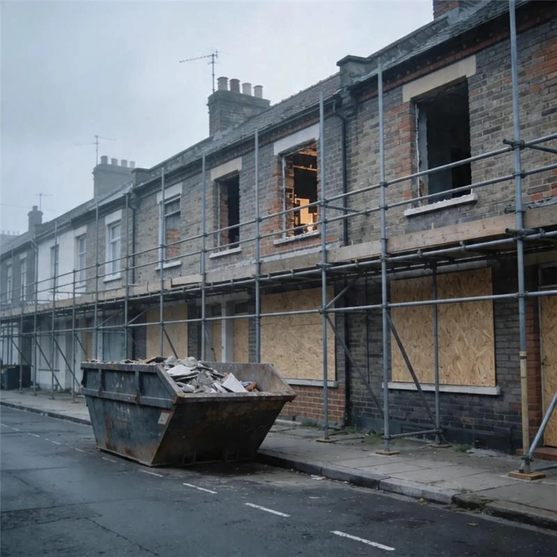 UK terraced houses mid-refurbishment with scaffolding and skip representing bridging loan project