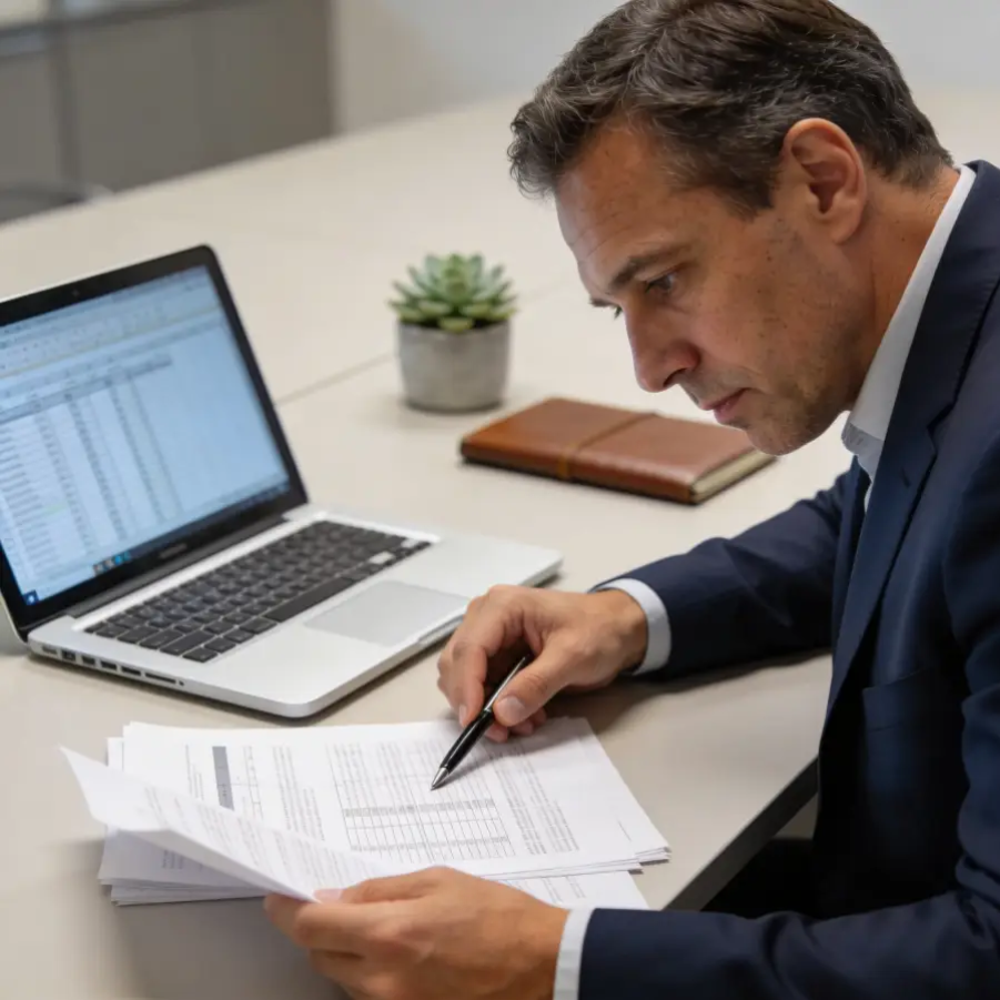 Property investor reviewing auction documents and bridging finance terms at desk