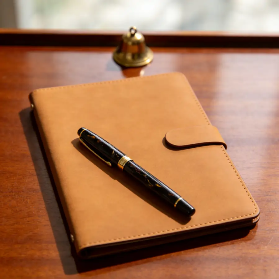 Tan leather document portfolio with fountain pen and brass bell representing completed 75% LTV bridging loan agreement