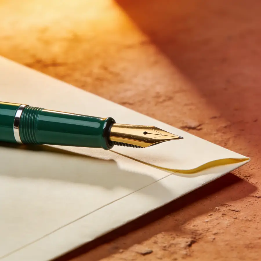 Forest green fountain pen with gold nib on cream document and terracotta surface representing successful UK bridging loan application approval