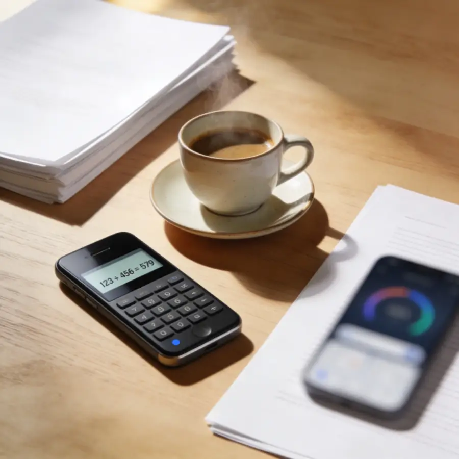 Steaming coffee with bridging loan documents calculator and finance app on smartphone representing UK bridging loan borrowing calculation