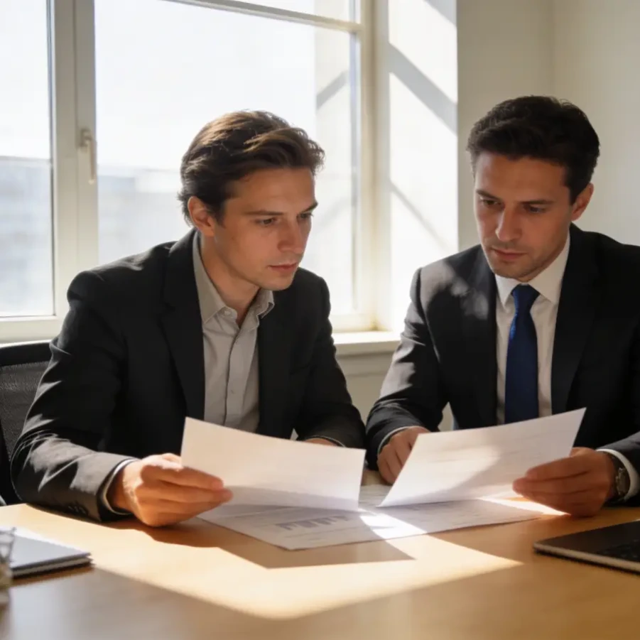 Property investor and broker reviewing bridging loan terms together at a desk