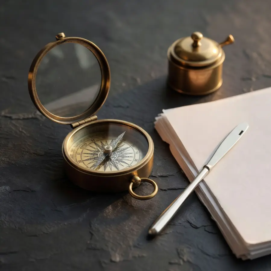 Brass compass with silver letter opener and documents representing bridging loan exit strategy planning