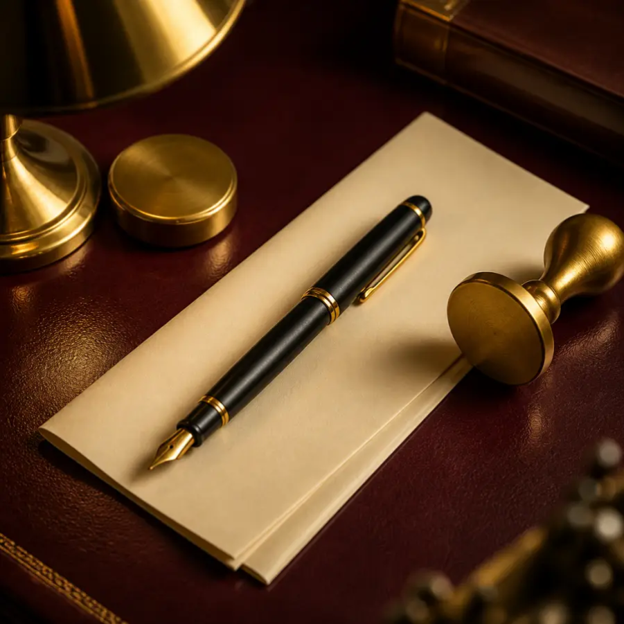 Fountain pen with brass wax seal stamp and document on burgundy leather representing bridging loan refinance exit strategy