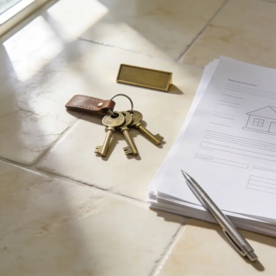 Brass property keys with silver pen and documents on cream tile surface representing bridging loan sale exit strategy