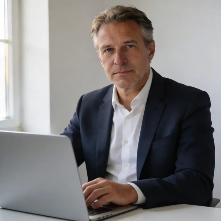 Senior commercial finance broker at desk with laptop in professional office