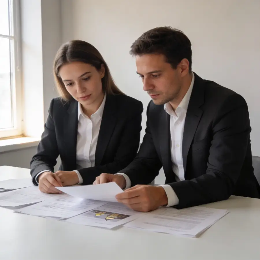 Two professionals reviewing commercial mortgage documents at a desk