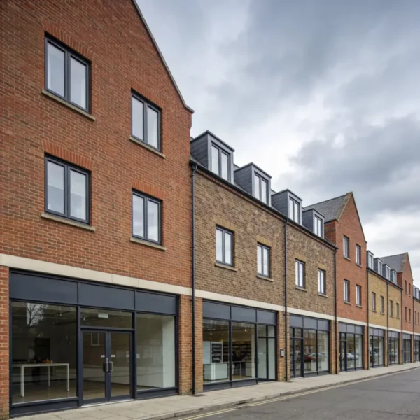Row of UK mixed-use commercial properties with retail units and office space above