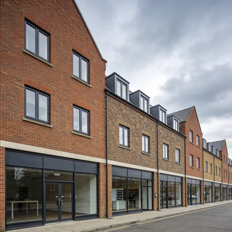 Row of UK mixed-use commercial properties with retail units and office space above