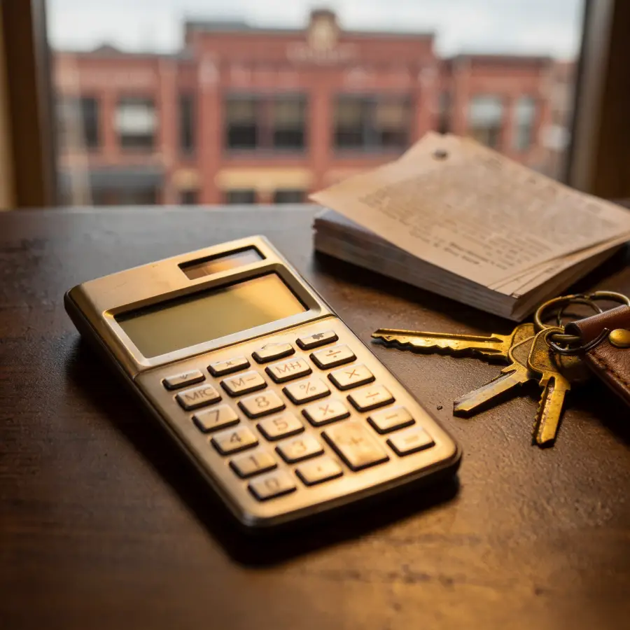 Calculator with brass property keys and document stack on a desk overlooking a UK commercial property representing bridging loan borrowing assessment