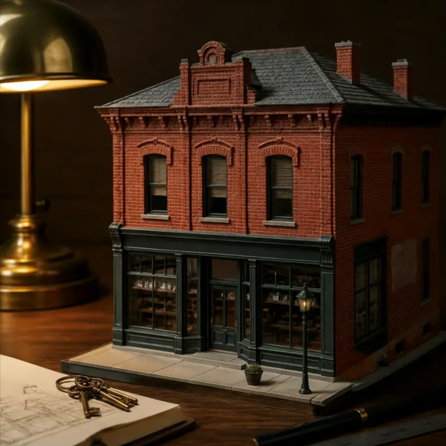 Brass property keys with model Victorian commercial building and architectural sketches representing successful UK bridging loan completion