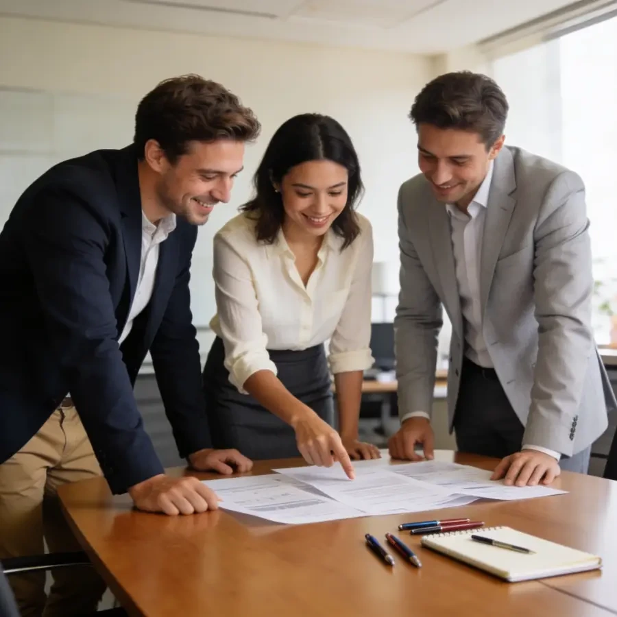 Business investors meeting with commercial finance broker Three business professionals reviewing Ltd company commercial mortgage documents at boardroom table
