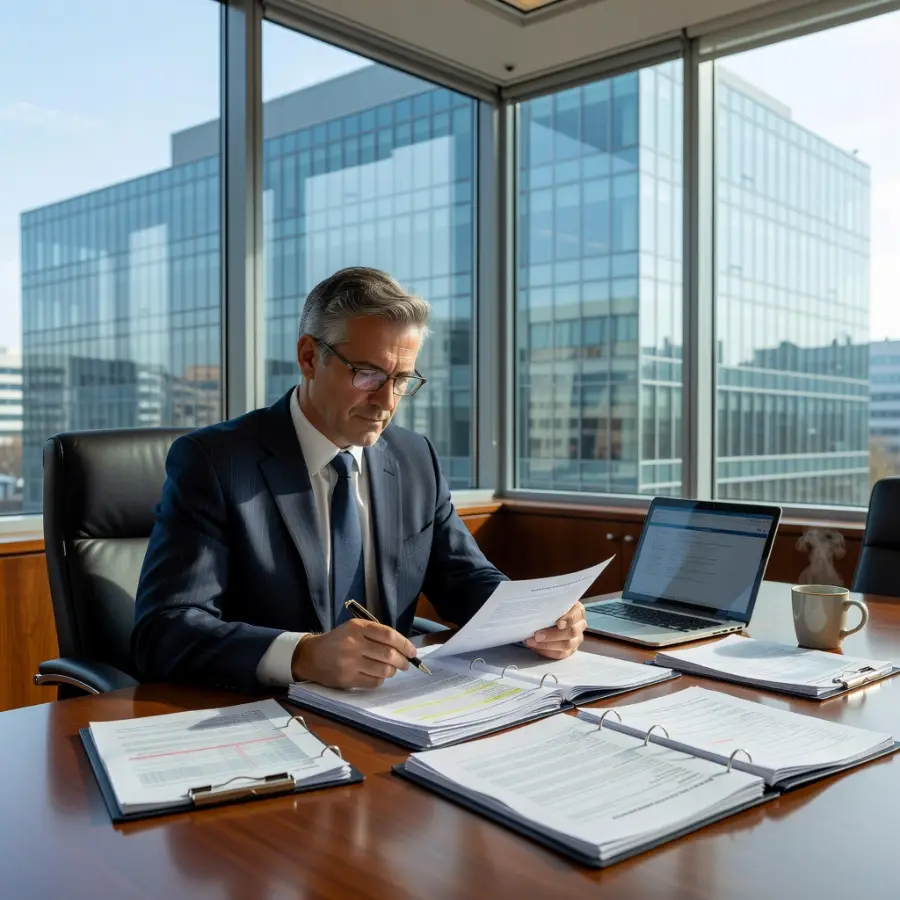 Commercial Mortgage Rates UK Commercial finance broker reviewing mortgage documents at a boardroom desk with glass office building in the background