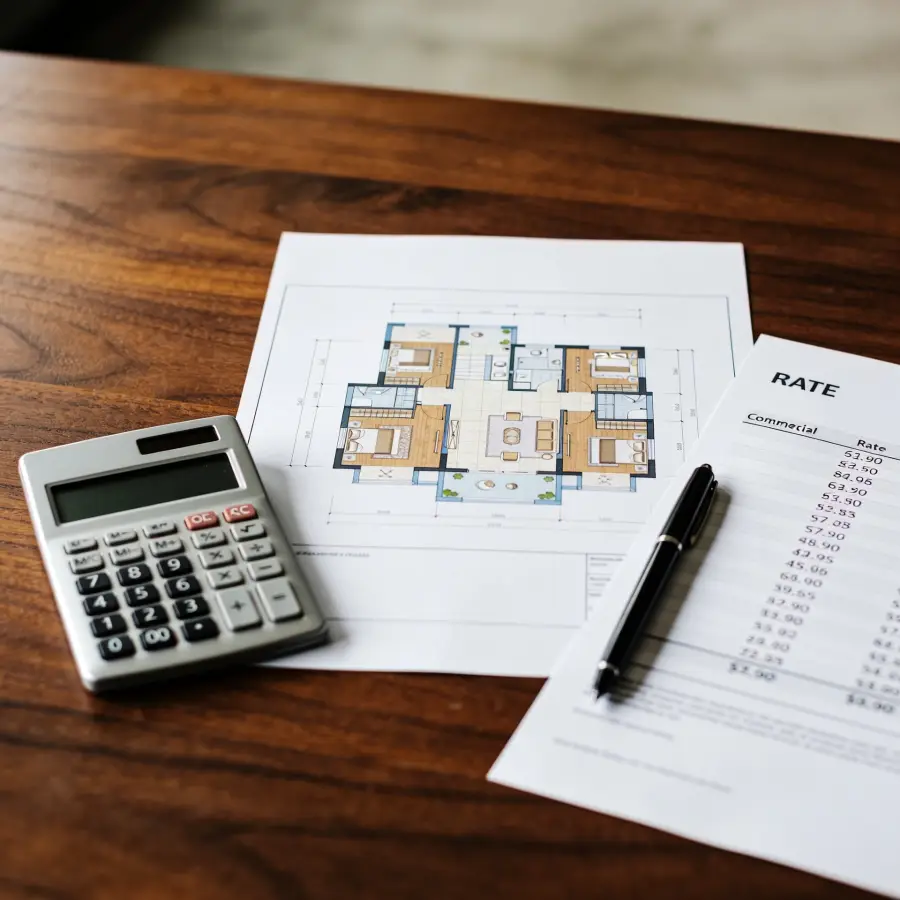 Commercial Mortgage Rates - Documents and Calculator Commercial property floor plan alongside a calculator, pen and commercial rate sheet on a wooden desk