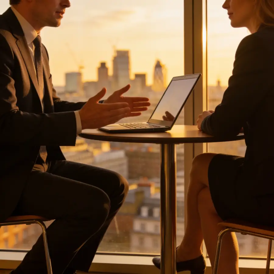 Commercial finance adviser discussing 75% LTV mortgage options with a client at a London office meeting