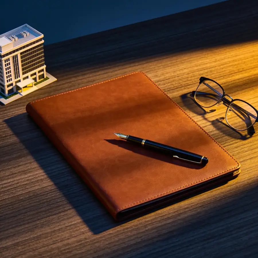 Leather document folder, fountain pen, glasses and architectural building model on a desk, representing commercial mortgage documentation