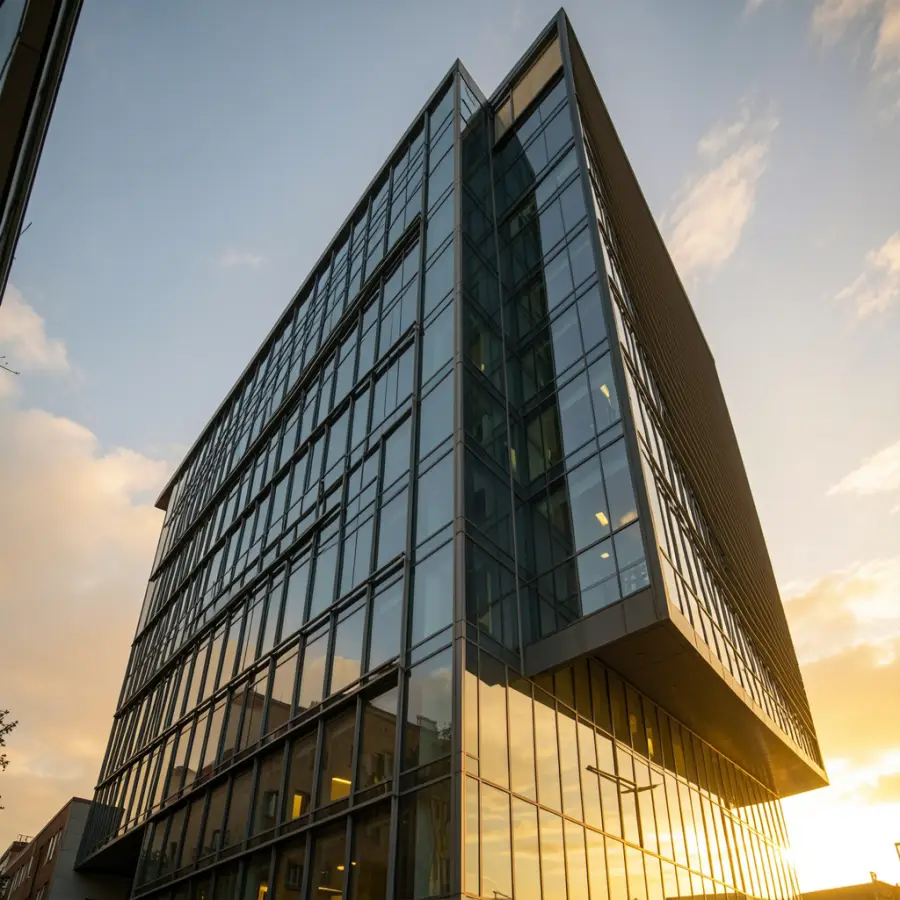 Modern UK commercial office building with glass facade at golden hour, representing commercial mortgage 75% LTV lending