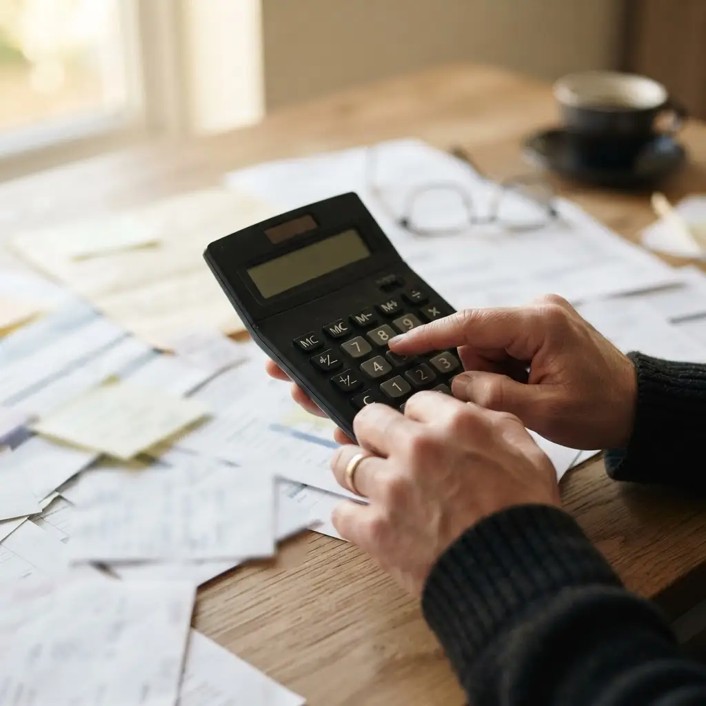 Hands using a calculator over mortgage paperwork to compare the cost of a second charge against a remortgage