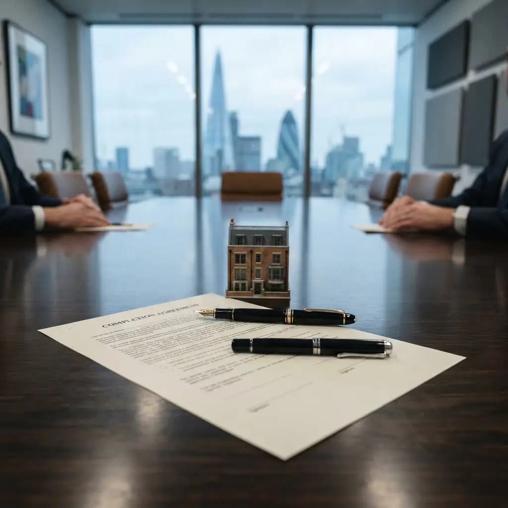 Two pens on a legal document in a boardroom, representing the deed of priority agreement between a first and second charge lender