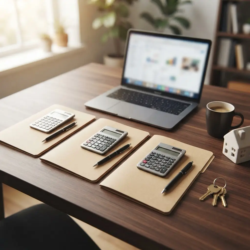 Three finance document folders on a desk representing remortgage, further advance and second charge options for raising capital against property
