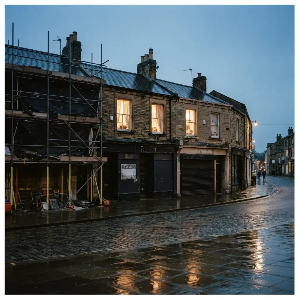 A stone terrace of British mixed-use property at dusk, shuttered shop units with a To Let board below lit flats, the end building under scaffolding, wet setts reflecting the windows