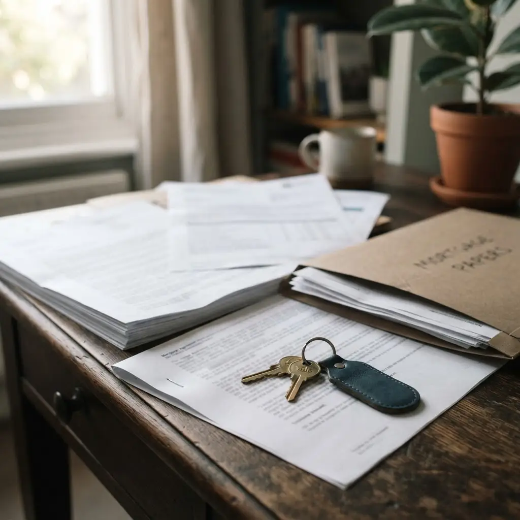 A stack of mortgage paperwork, a loose stapled agreement, two house keys on a plain leather fob and a kraft envelope handwritten Mortgage papers, spread across a dark wooden desk in soft window light