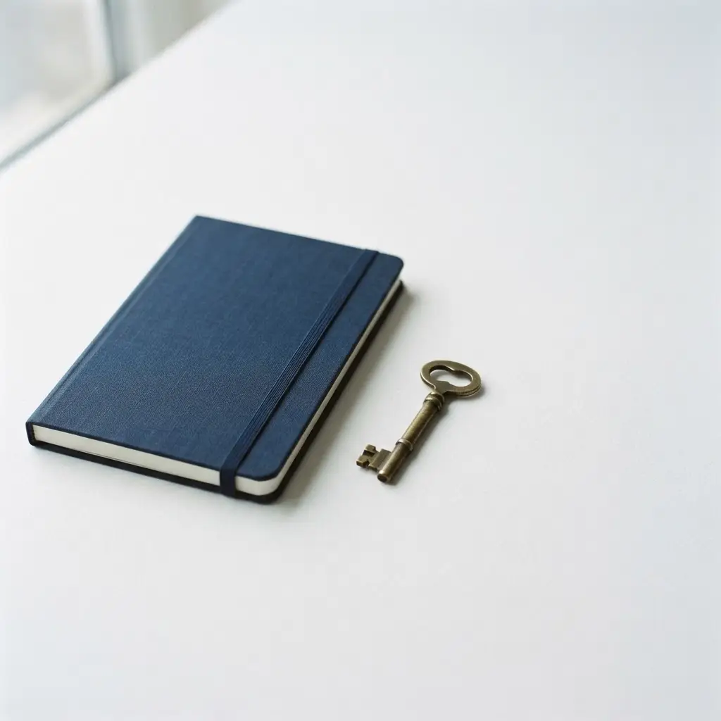 A closed navy notebook on a white surface with a brass key lying beside it but deliberately apart, in soft diffused daylight