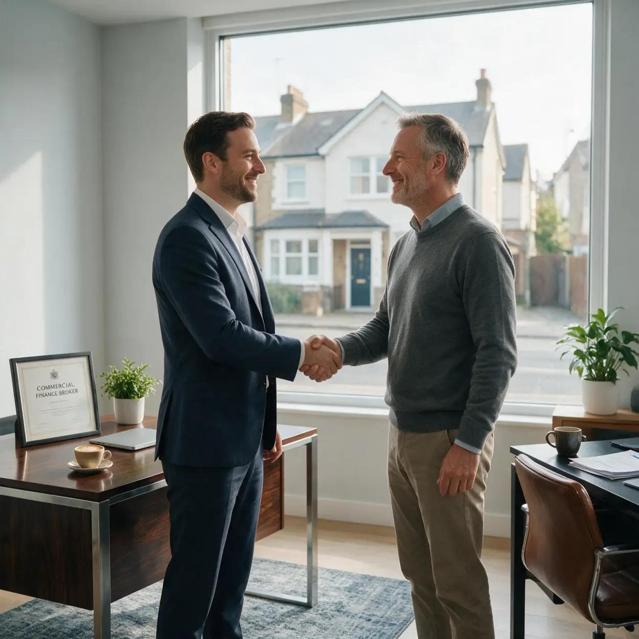 Commercial Finance Broker and Landlord Agreeing Second Charge Mortgage Commercial finance broker and landlord shaking hands after agreeing a second charge mortgage
