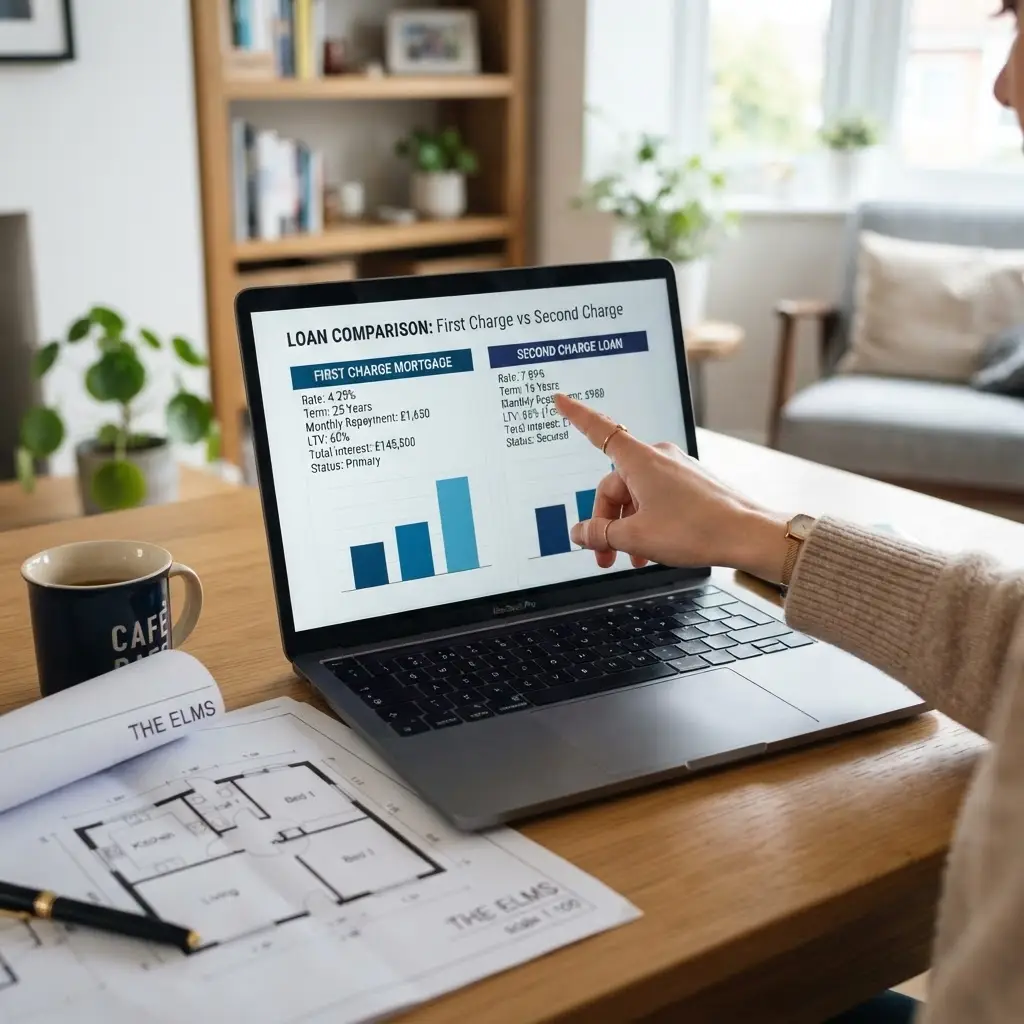 Second Charge vs Remortgage Comparison Comparing second charge, remortgage and further advance options on a laptop screen